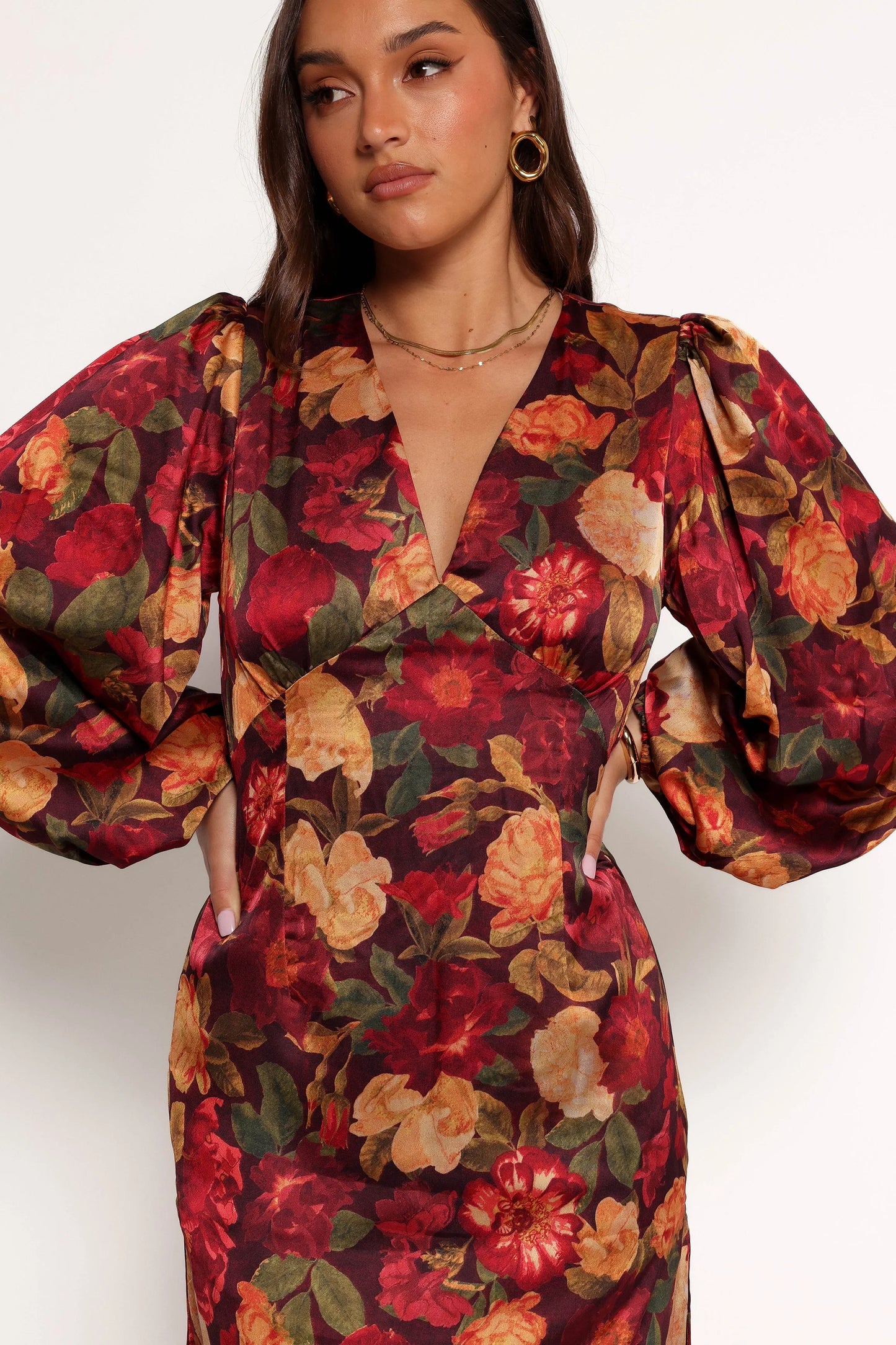 Zimmer Long Sleeve Maxi Dress Sangria Bloom