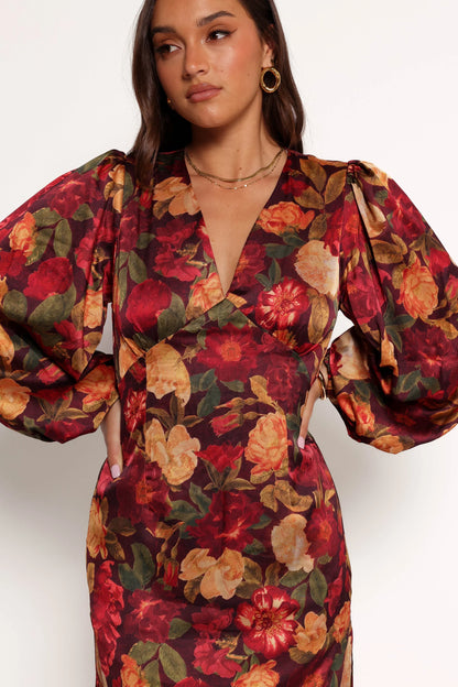 Zimmer Long Sleeve Maxi Dress Sangria Bloom