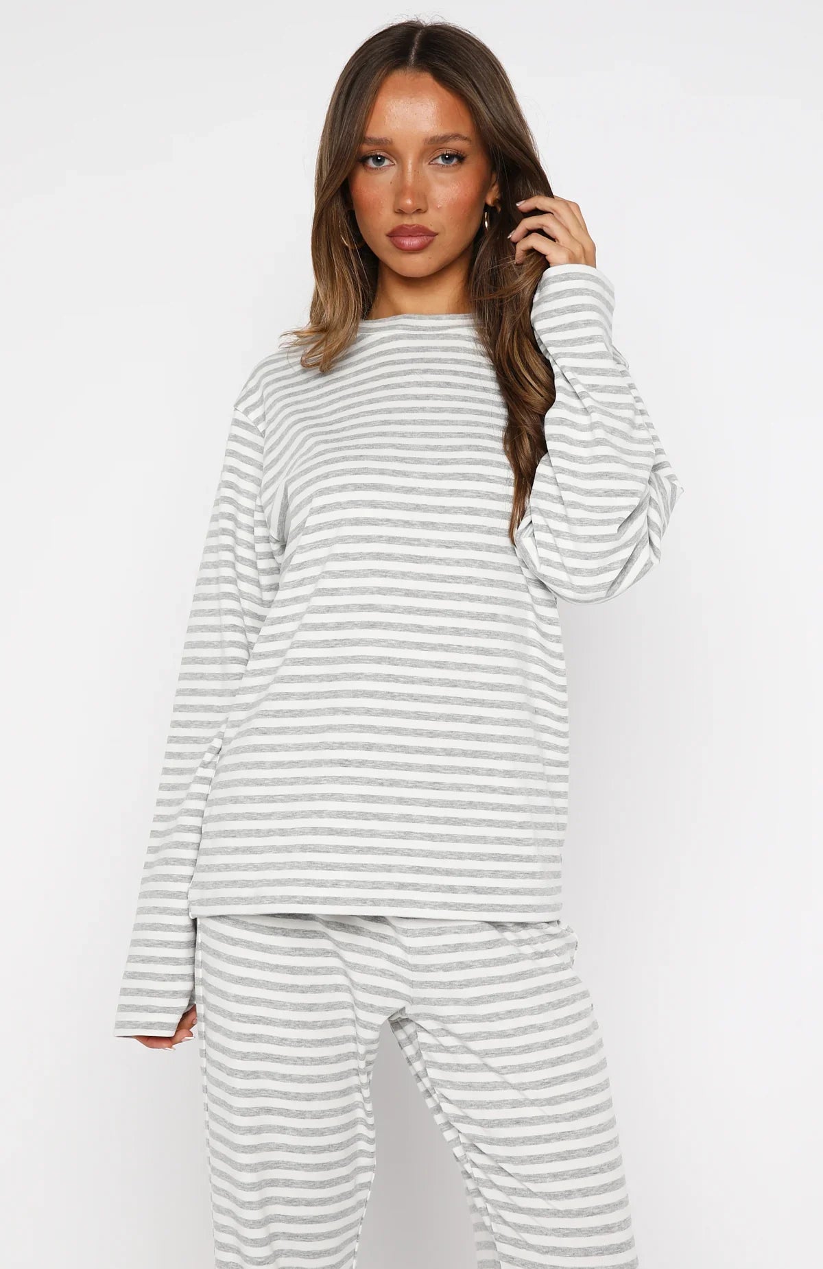 Slow Life Long Sleeve Pyjama Top Grey White Stripe