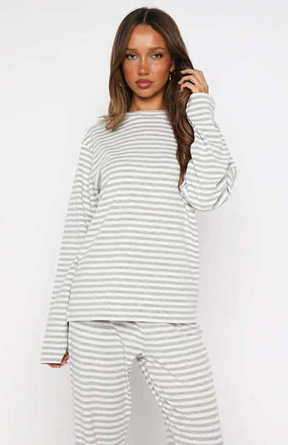Slow Life Long Sleeve Pyjama Top Grey White Stripe