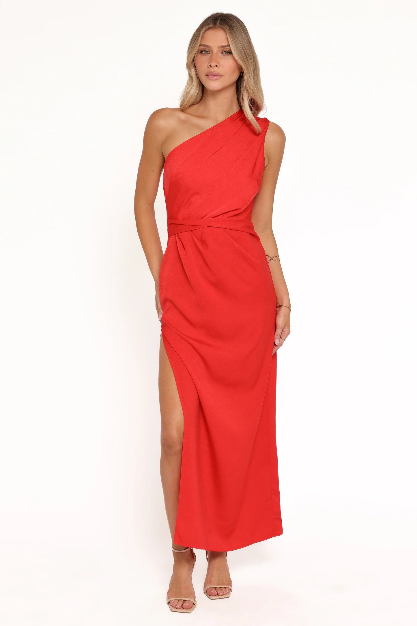 Nadia One Shoulder Maxi Dress Red Jacquard Satin