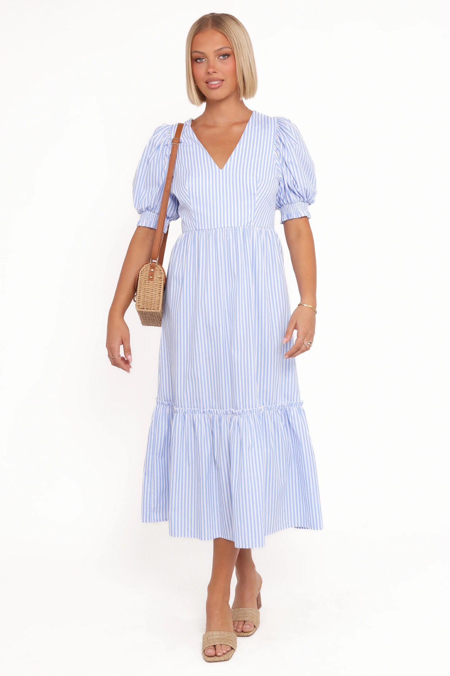 Steele Puff Sleeve Midi Dress Blue Stripe
