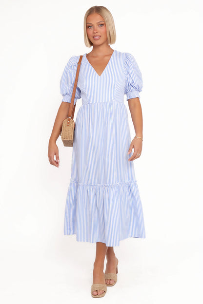 Steele Puff Sleeve Midi Dress Blue Stripe