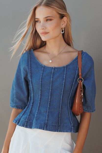 Saylor Denim Peplum Top Blue Medium Wash