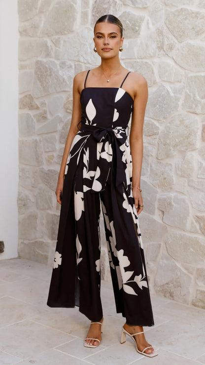 Carson Front Split Strapless Jumpsuit Black Floral