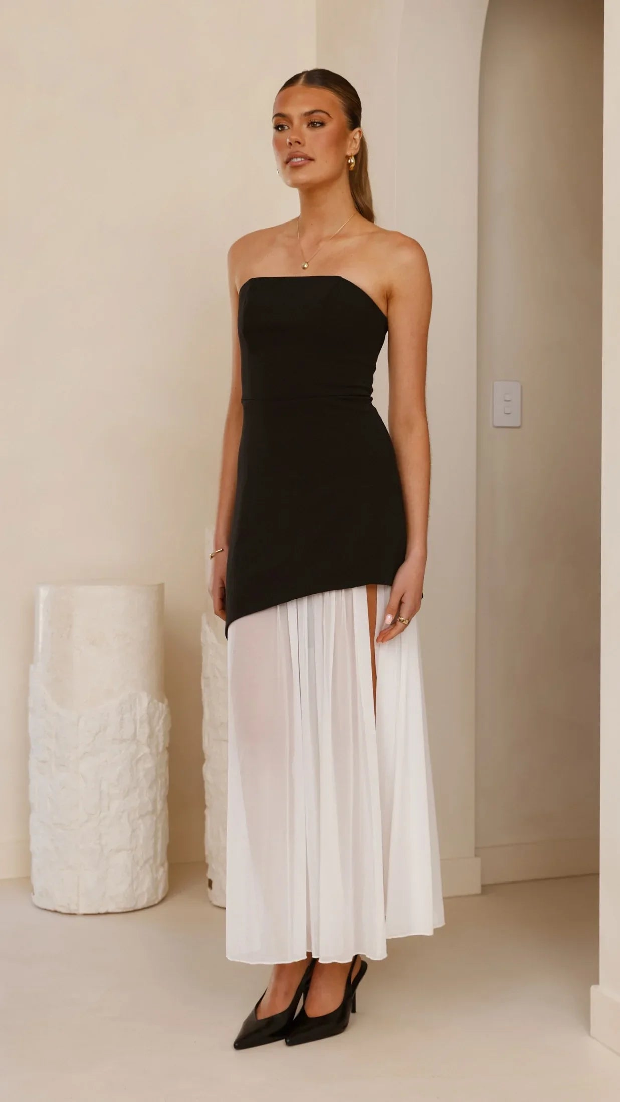 Fenella Asymmetrical Maxi Dress Black White
