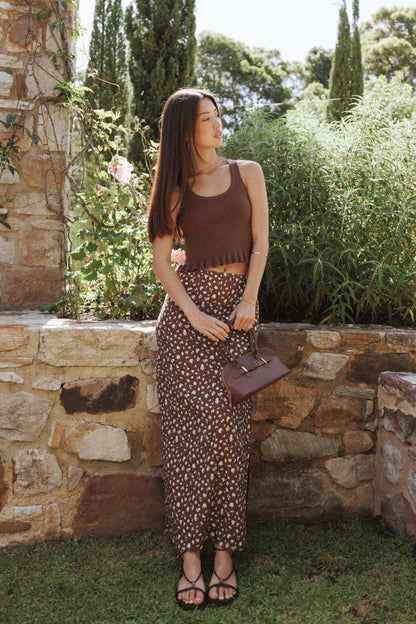 Madison Linen Column Skirt Brown Floral
