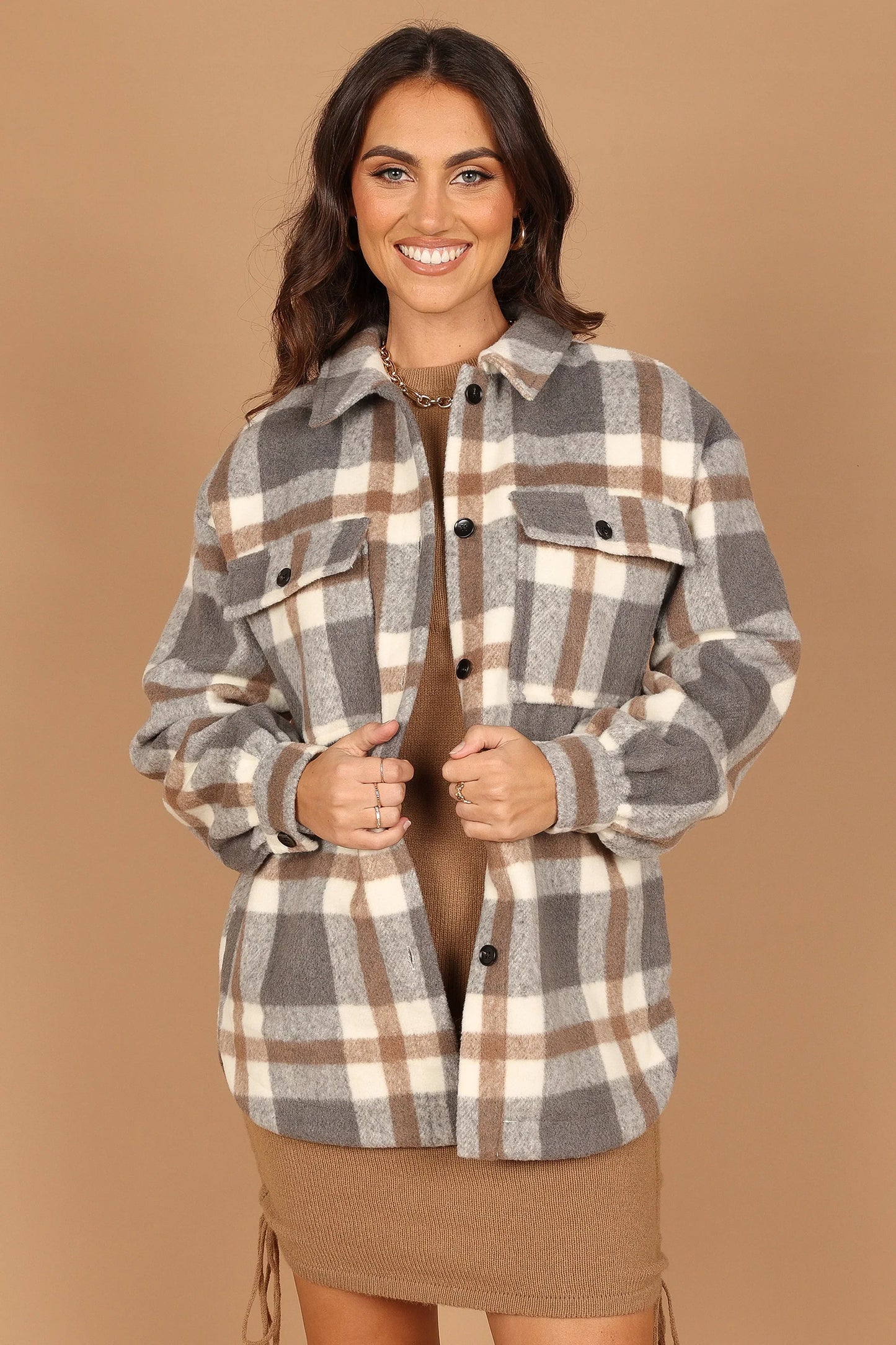 Alex Double Breasted Pocket Shacket Grey Check
