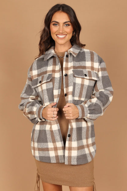 Alex Double Breasted Pocket Shacket Grey Check