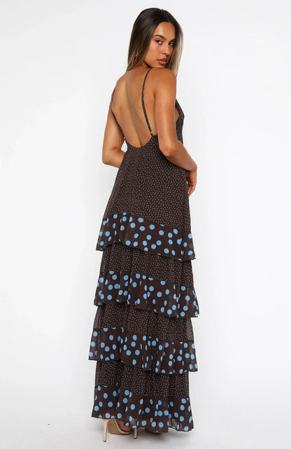 Princess Maxi Dress Chocolate Blue Polka Dot