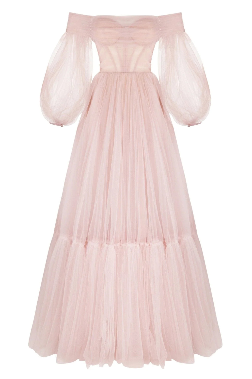 Misty Rose Sheer Sleeves Maxi Tulle Dress