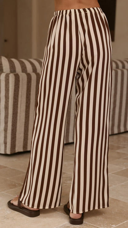 Liana Off Shoulder Top Pants Set Brown Stripe
