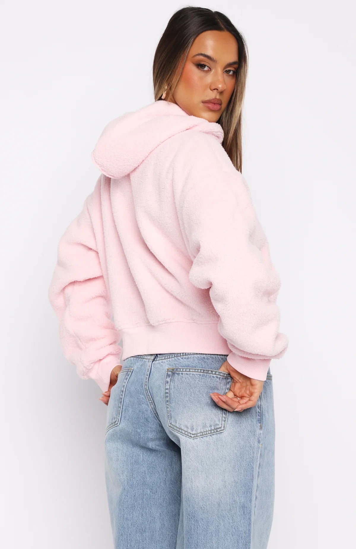 Always First Teddy Borg Boxy Zip Front Hoodie Pink