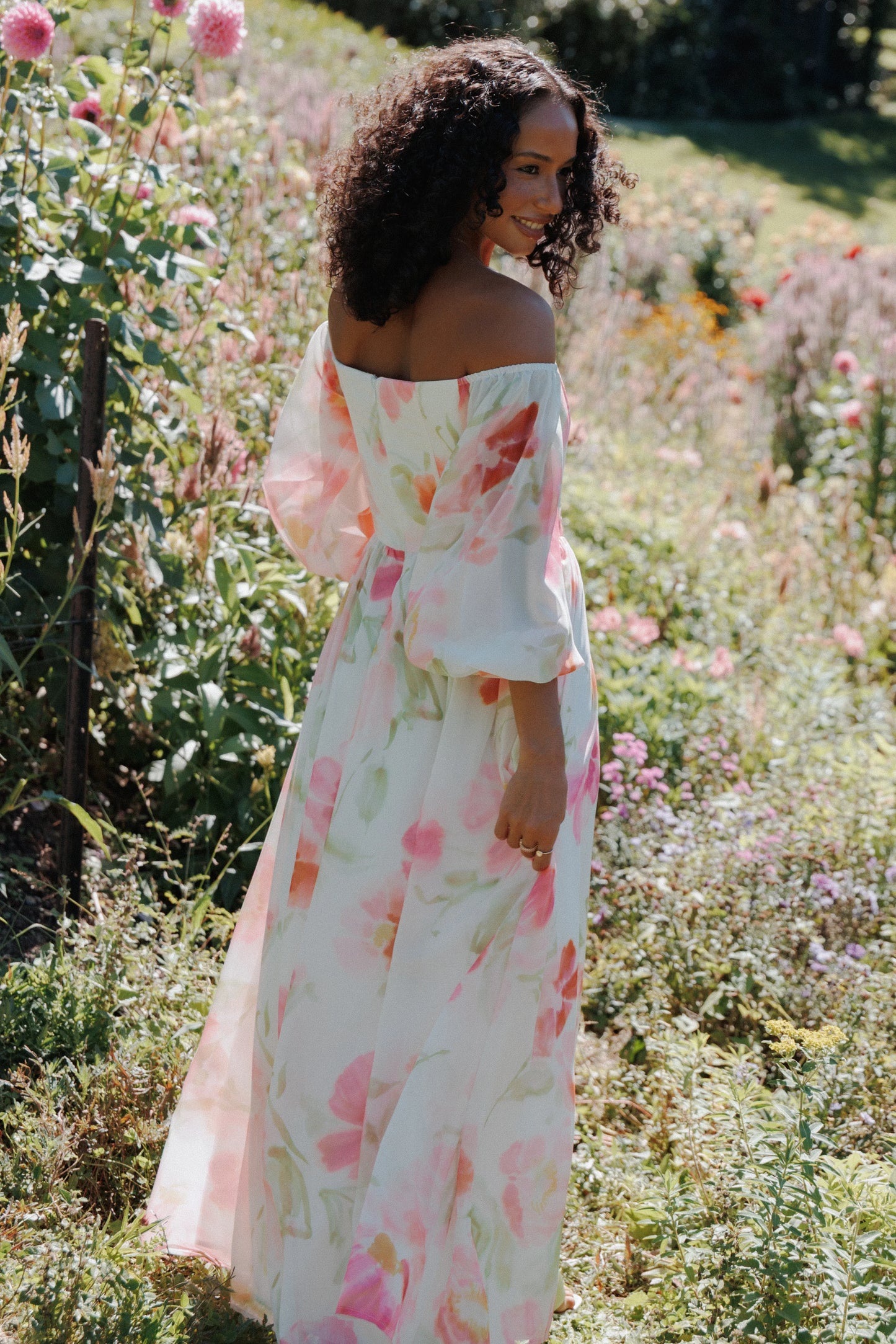 Chantel Off Shoulder Maxi Dress Pink Garden Floral