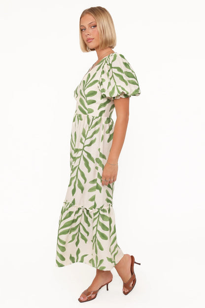 Steele Puff Sleeve Midi Dress Green Palm
