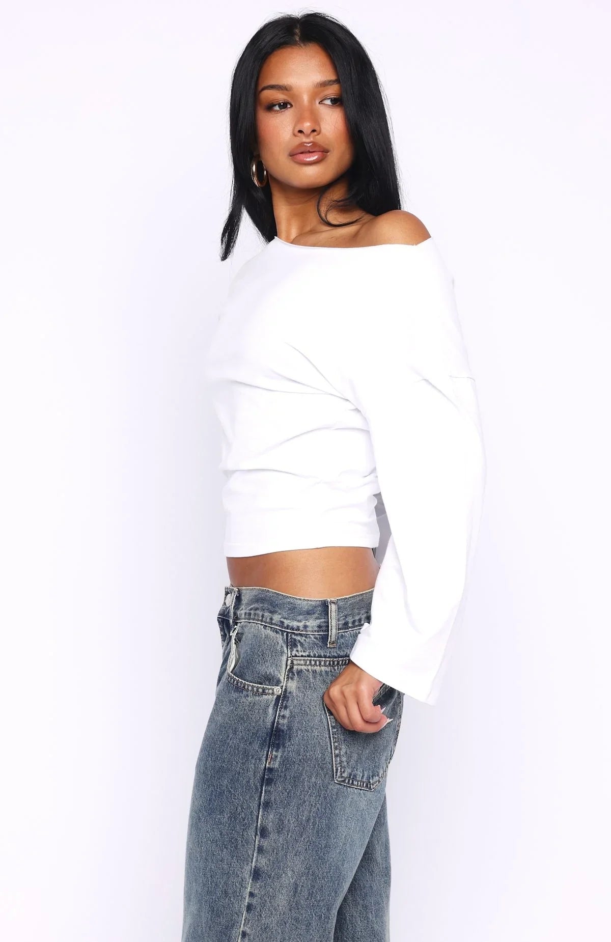 Falling For Him Cinched Waist Off Shoulder Long Sleeve Top White