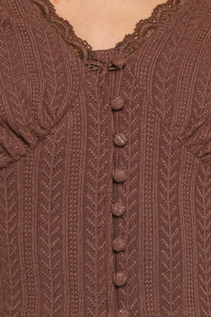 Leslie Long Sleeve Textured Button Front Top Chocolate
