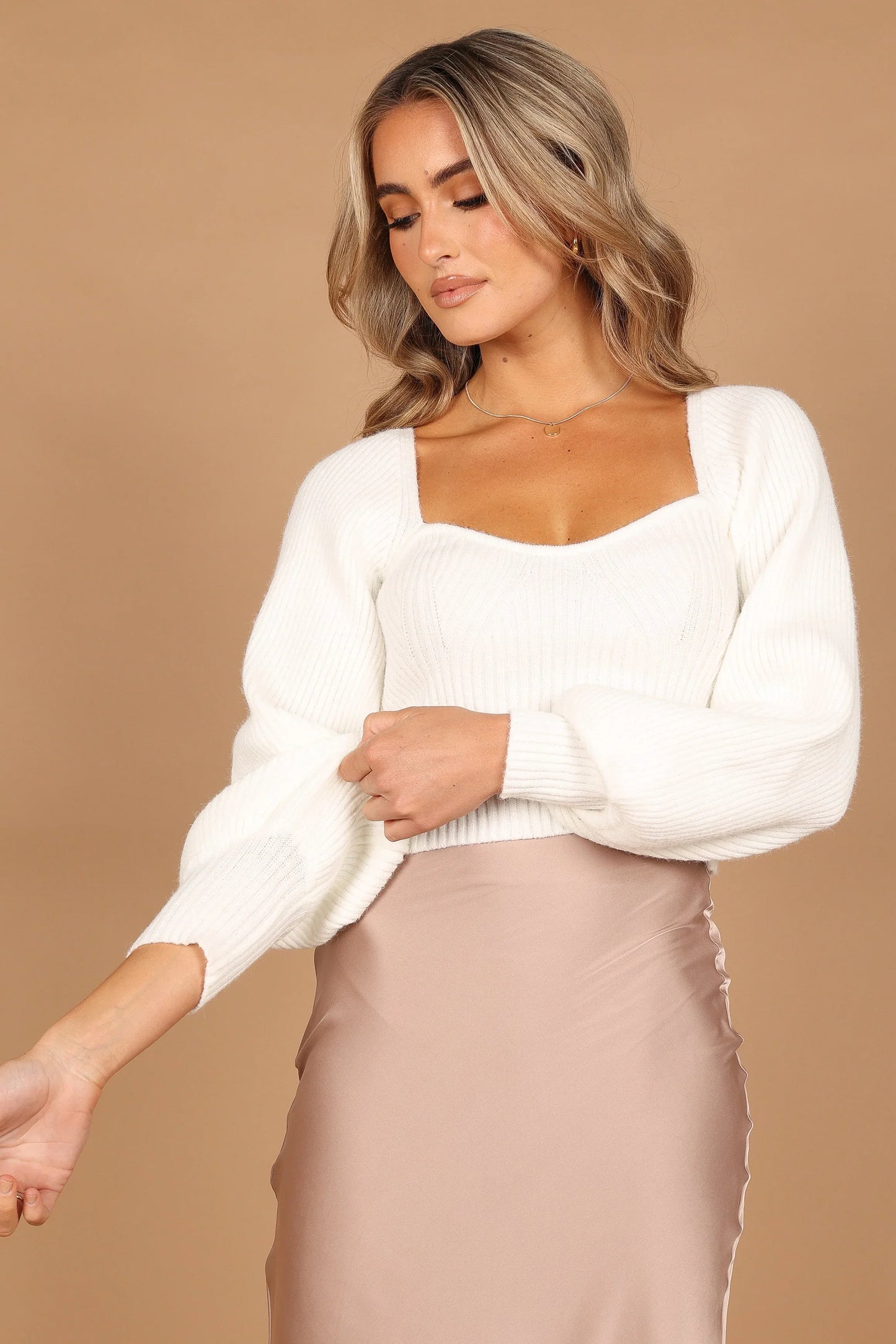 Gia Sweetheart Neck Bell Sleeve Knit Sweater White