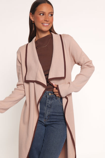 Vallis Contrast Trim Long Cardigan Beige