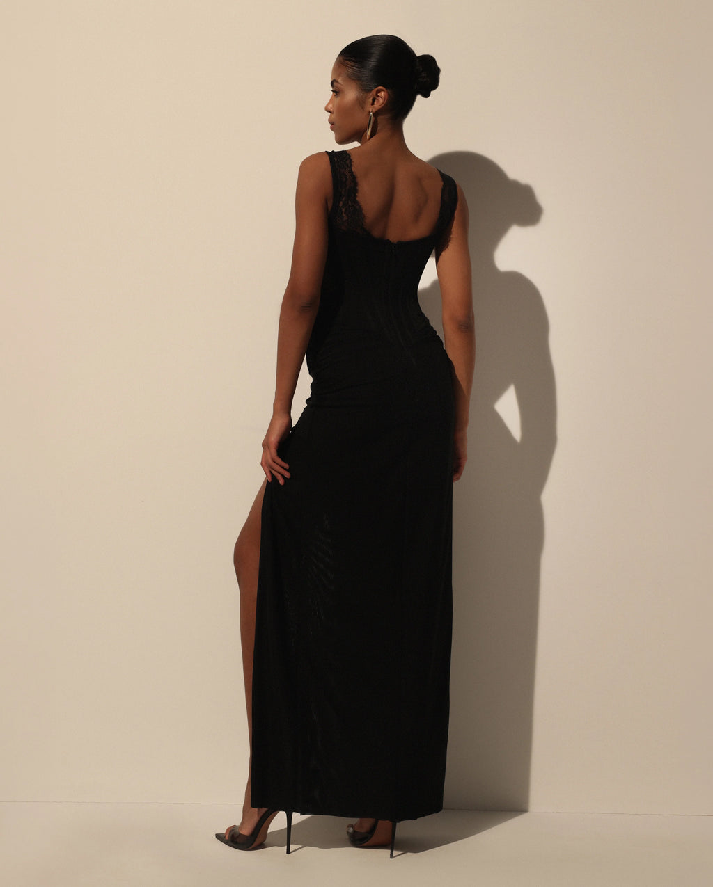 Black Maxi Dress with Corset Bodice and Slit