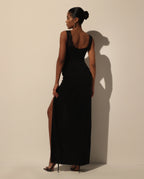 Black Maxi Dress with Corset Bodice and Slit