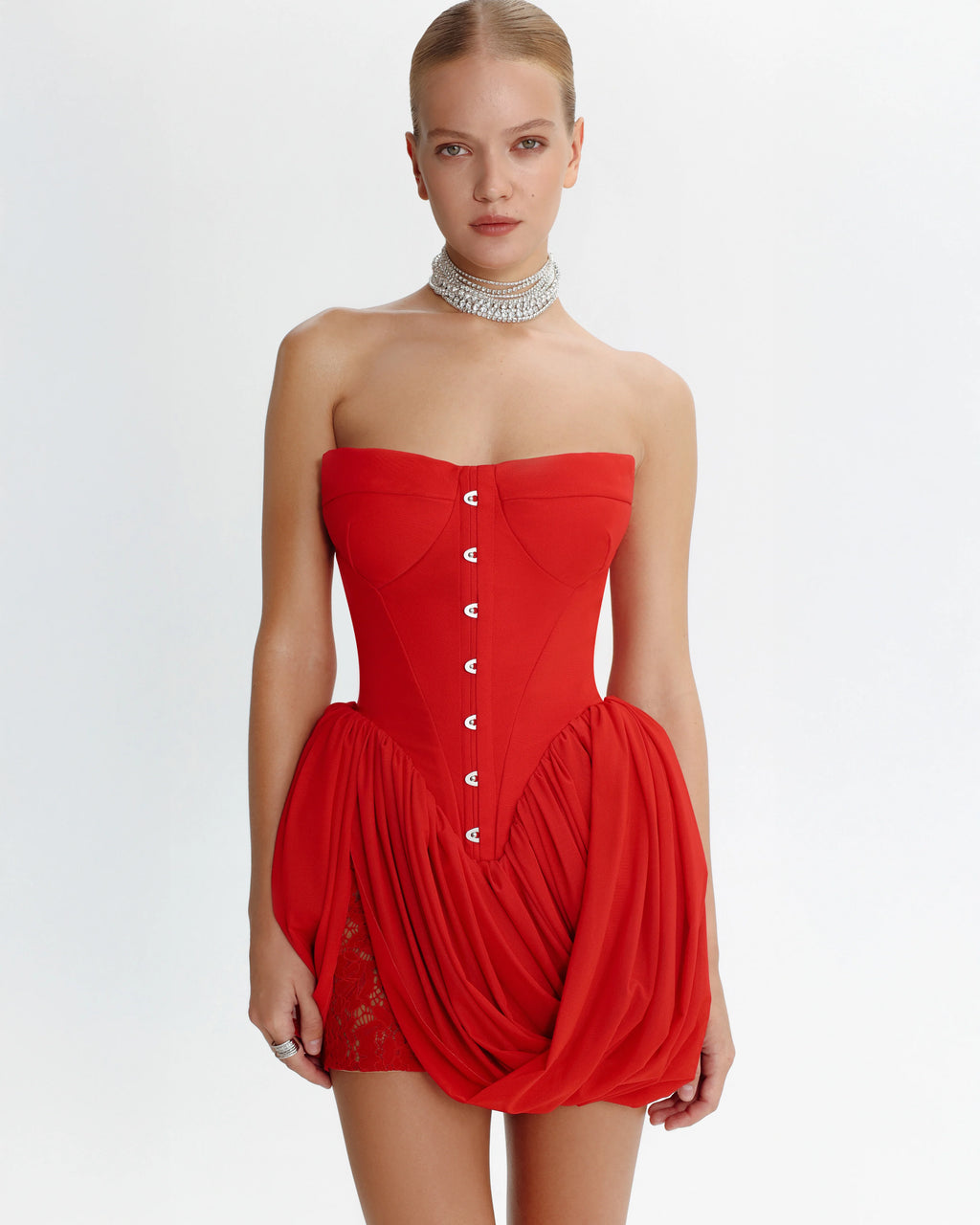 Red corset mini dress with draped skirt