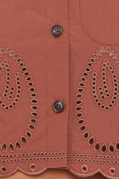 Williams Cropped Eyelet Button Up Shirt Brown
