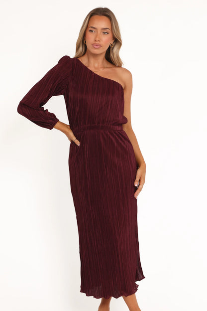 Pontee One Shoulder Pleated Midi Dress Burgundy