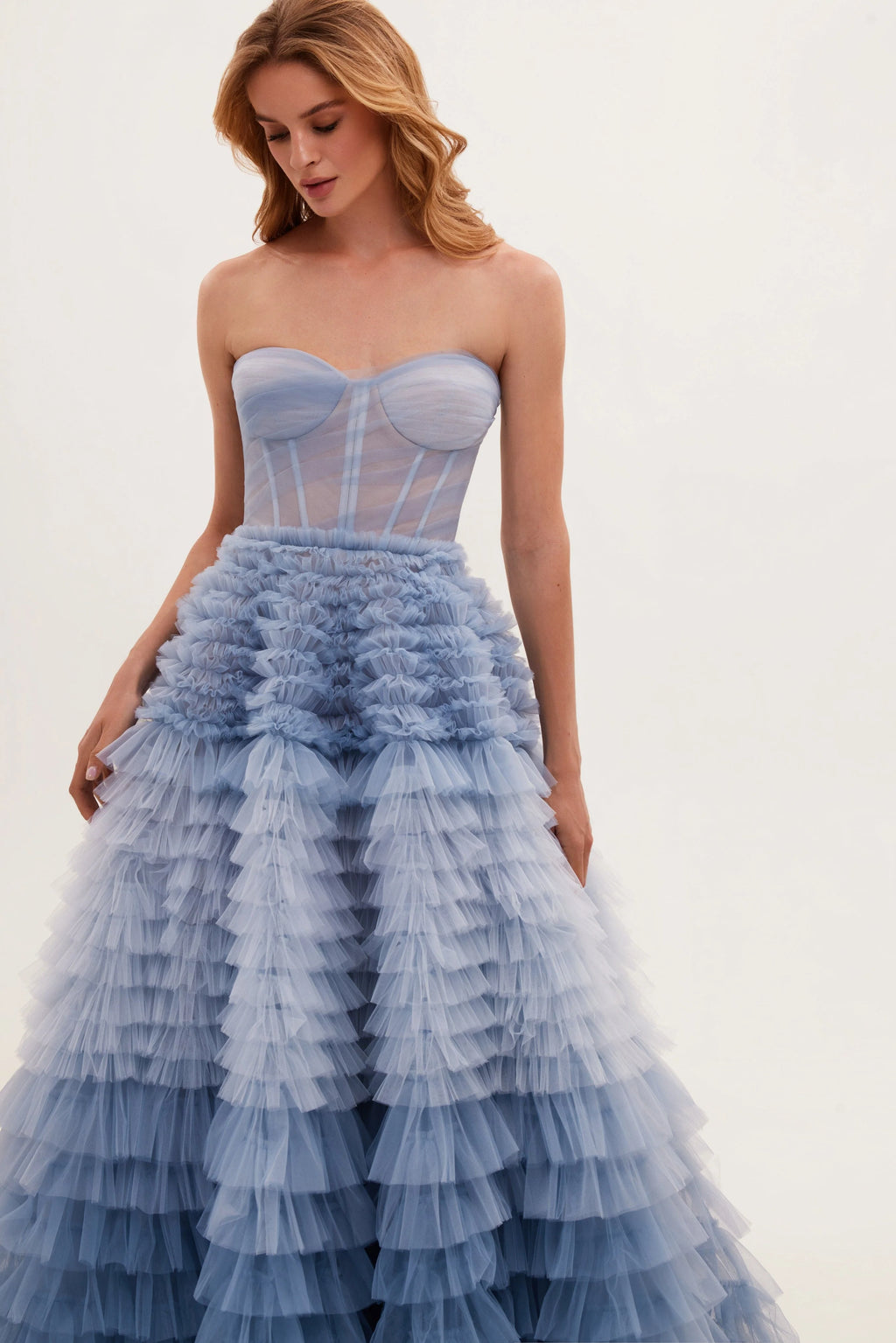 Light Blue Strapless Frill Layered Fluffy Dress
