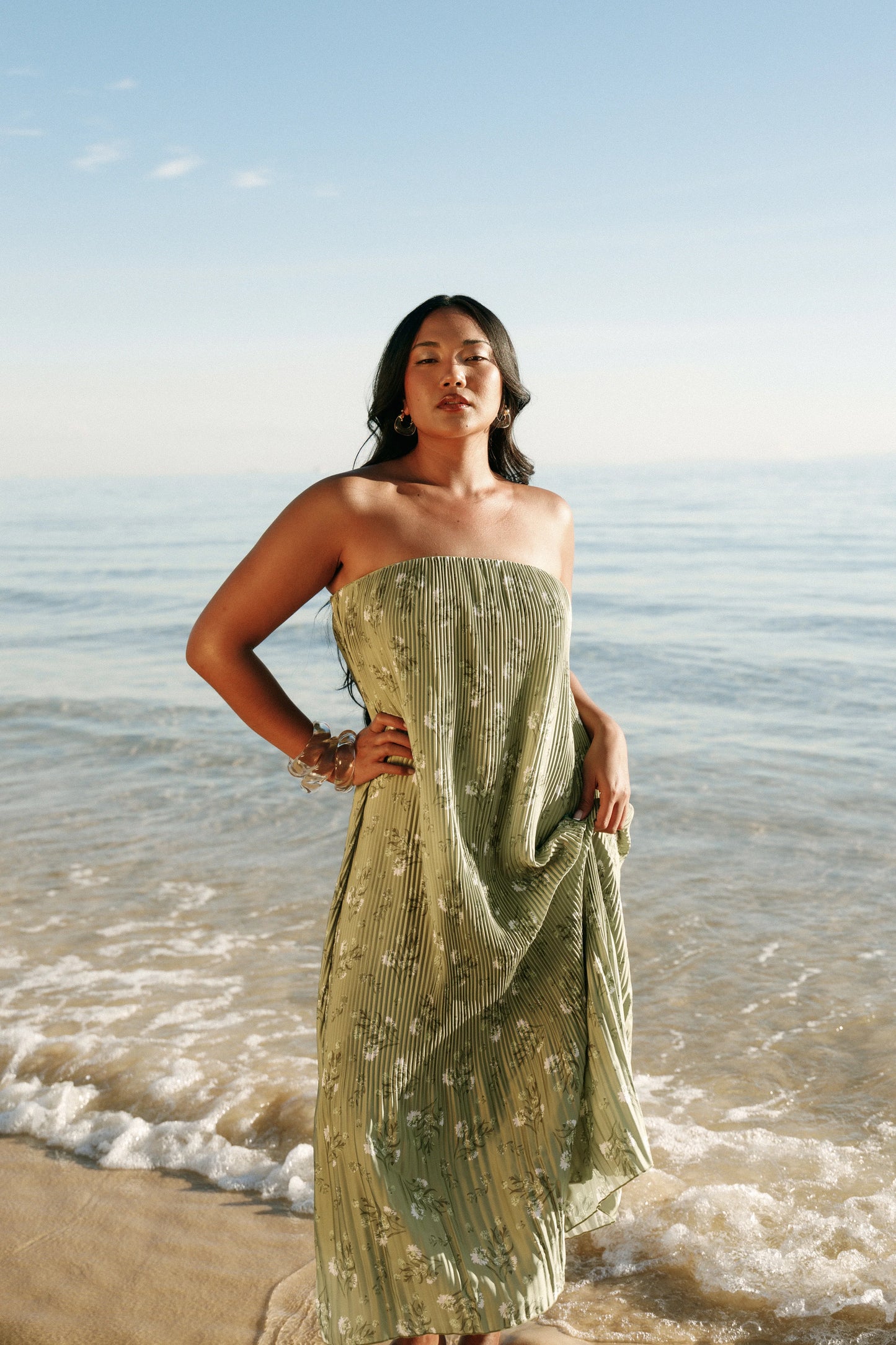 Sylvie Strapless Midi Dress Sage Botanical