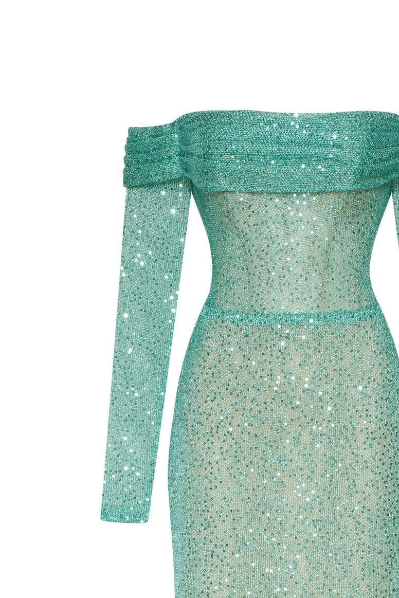 Mint Green Romantic off the shoulder sparkling long dress