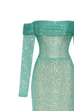 Mint Green Romantic off the shoulder sparkling long dress