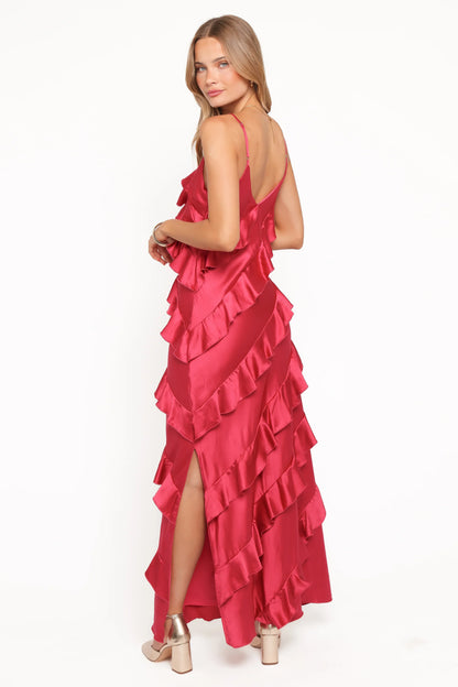 Ciao Ruffles Maxi Satin Dress Fuchsia