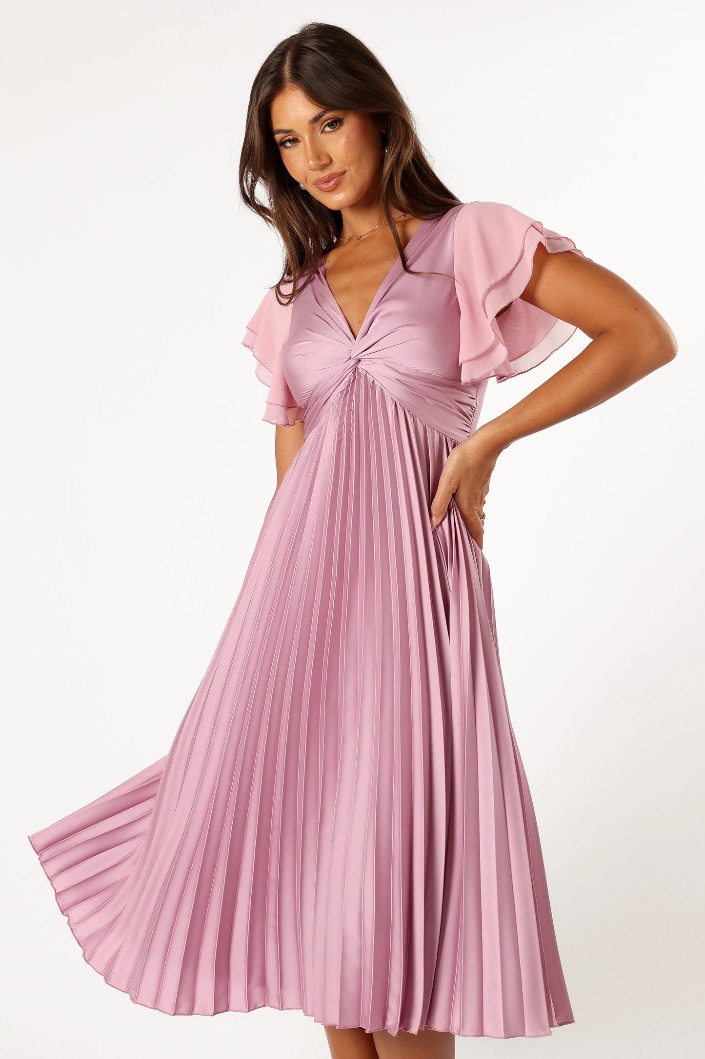 Nova Flutter Sleeve Midi Dress Dusty Rose