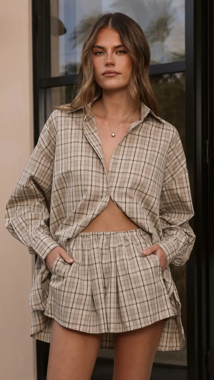 Arli Button Up Shirt Beige Brown Plaid