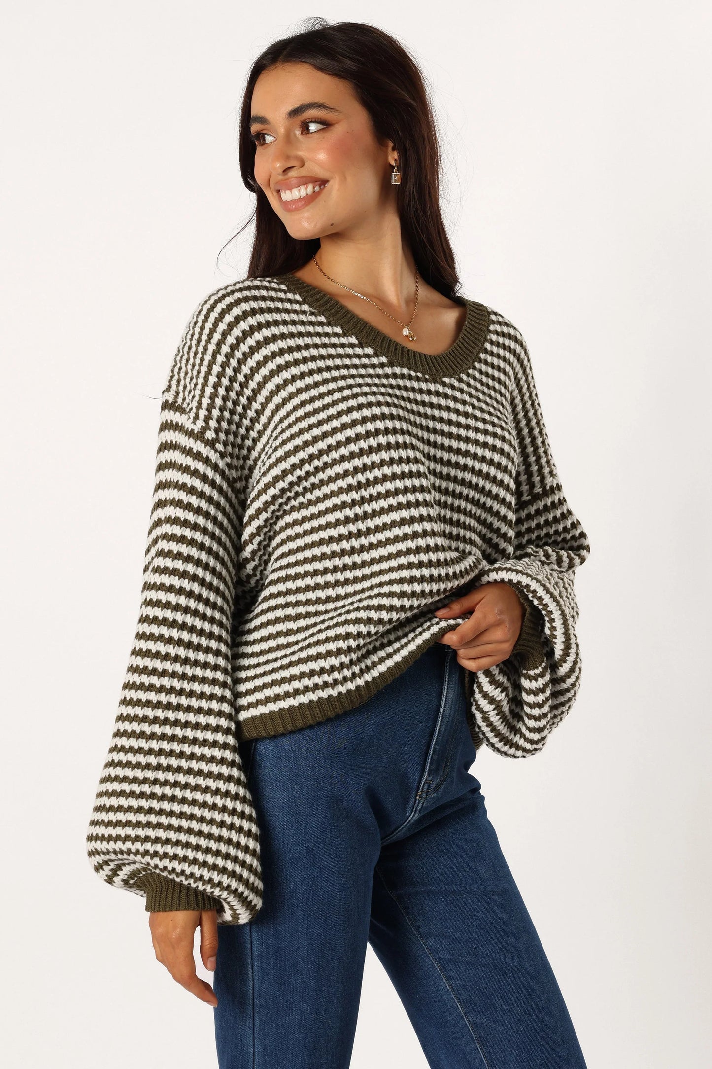 Becca Crewneck Waffle Stitch Stripe Knit Sweater Olive