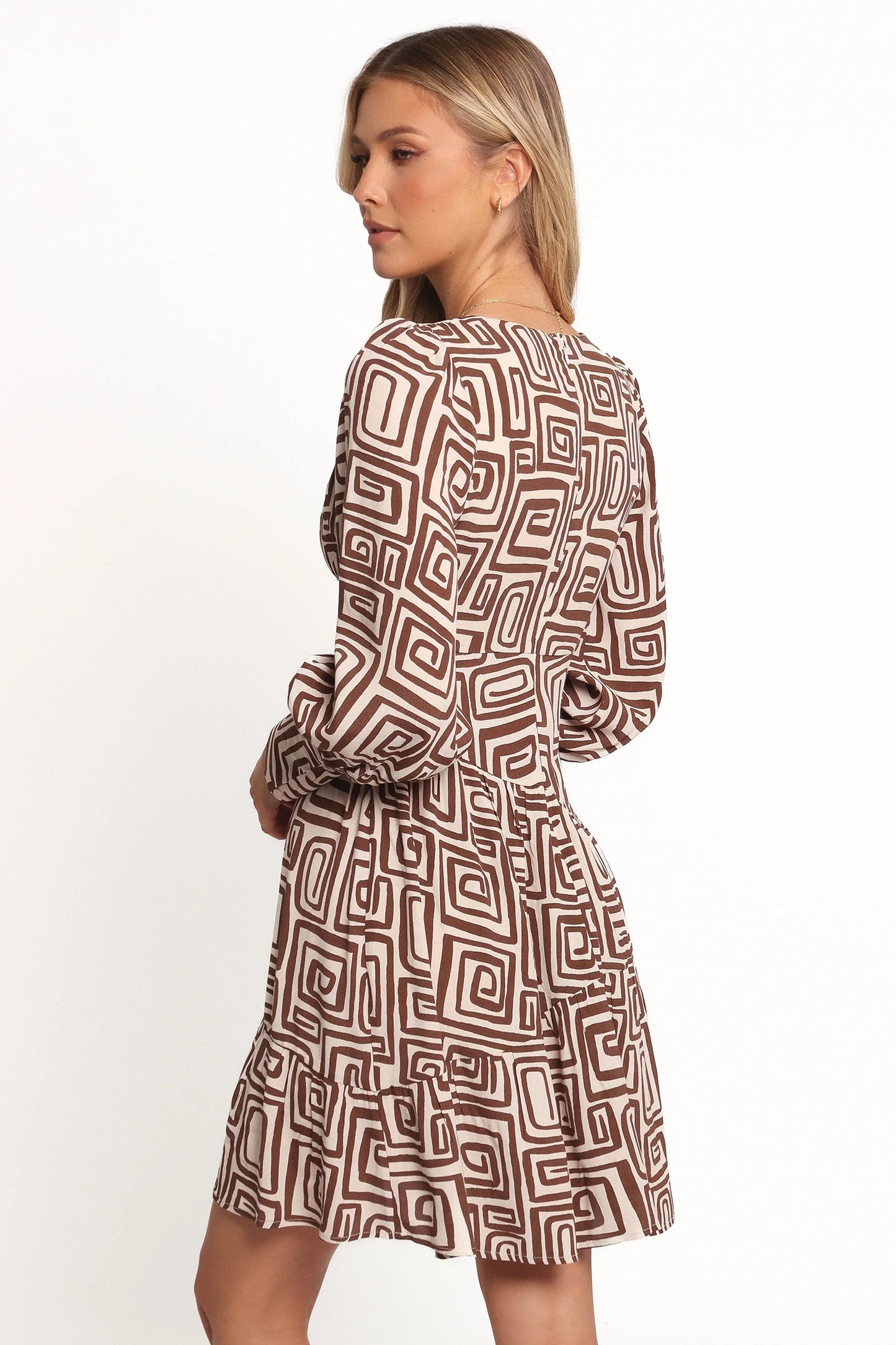 Sheridan Long Sleeve Mini Dress Chocolate Brown Print