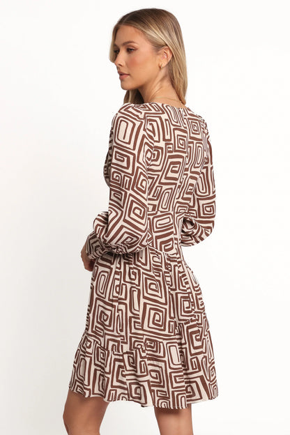 Sheridan Long Sleeve Mini Dress Chocolate Brown Print