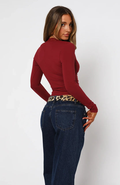 Knew That All Along Lace Trim Long Sleeve Top Wine