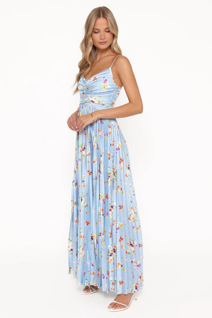 Naira Pleated Maxi Dress Cornflower Blue Floral