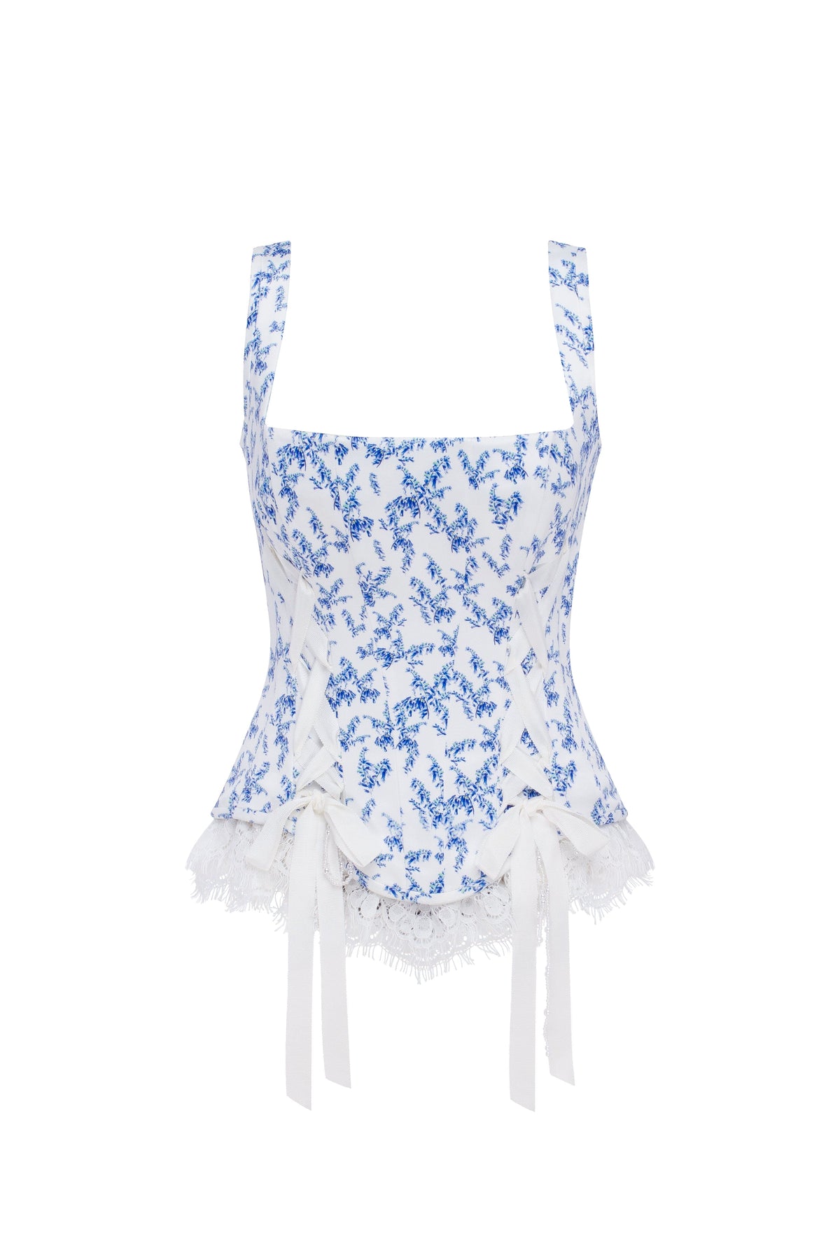 Blue lavender corset on straps with bows and ribbon lacing