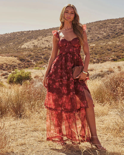 Reina Tiered Mesh Floral Maxi Dress