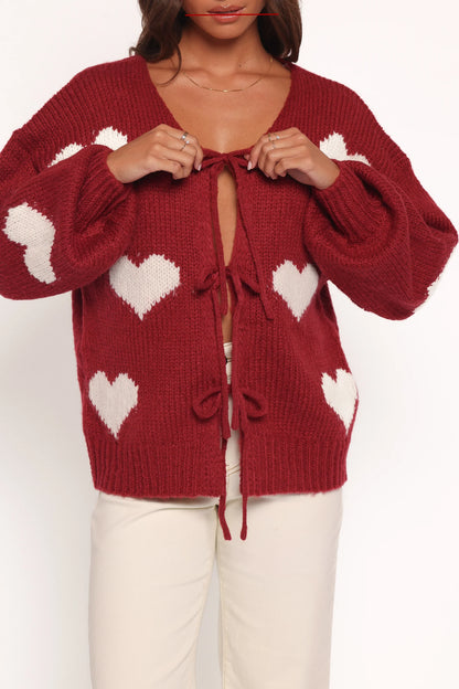 Nadine All Over Heart Tie Front Cardigan Wine