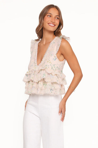 Yana Ruffle Top Pastel Pink Floral