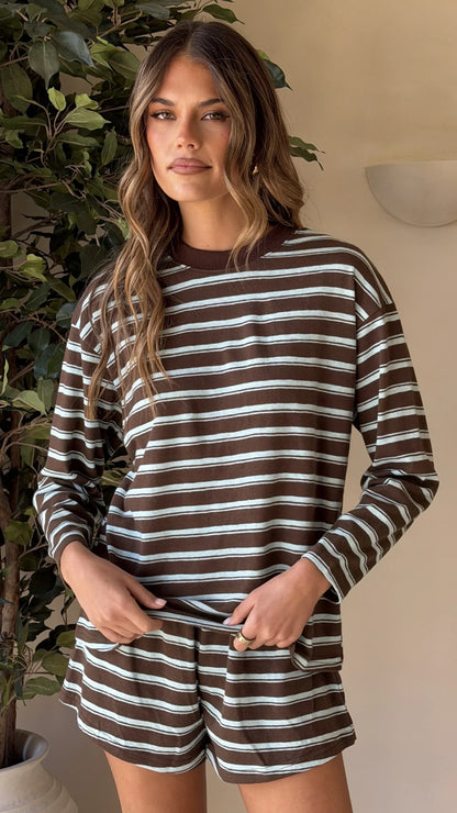 Harla Long Sleeve Top Shorts Set Brown Blue Stripe