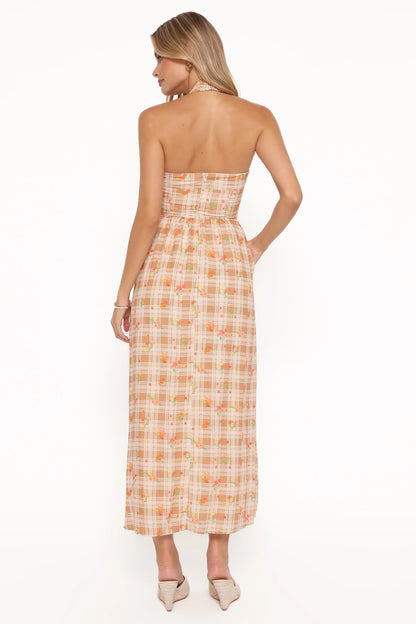 Gemini Halterneck Maxi Dress Yellow Floral Gingham