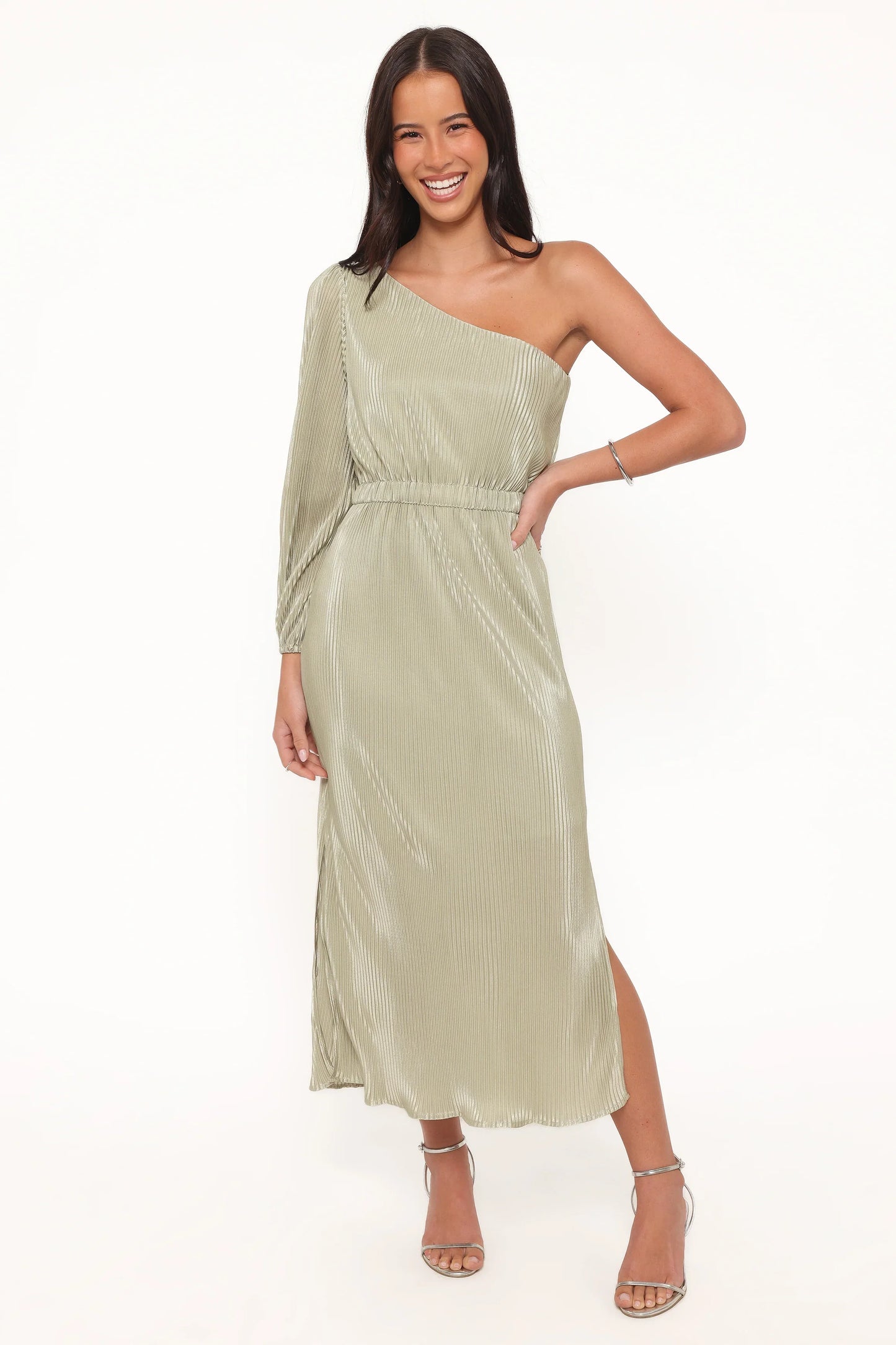 Pontee One Shoulder Pleated Midi Dress Sage Green