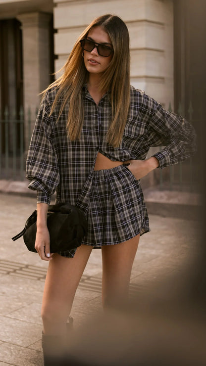 Arli Button Up Shirt Black Beige Plaid