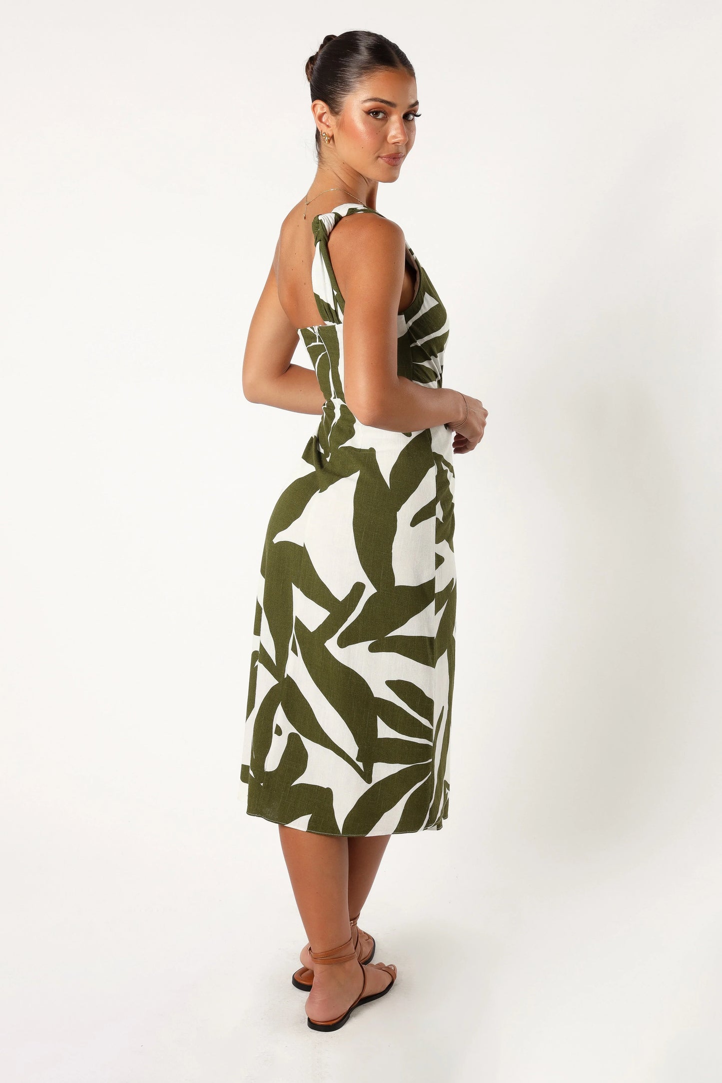 Zara One Shoulder Midi Dress Olive Palm