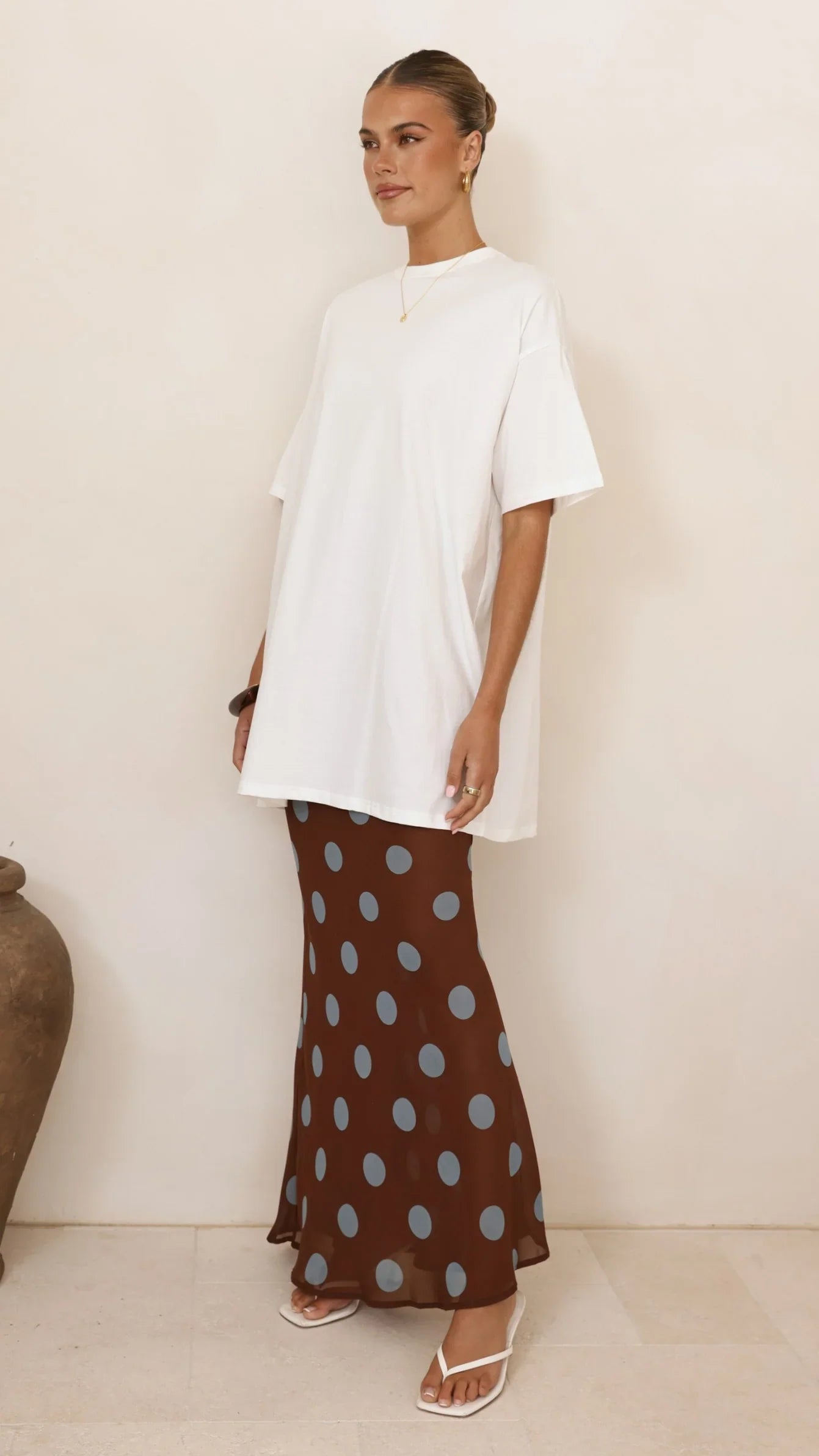 Yumi Oversized Tee and Sheer Skirt Set White Brown Blue Polka